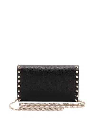 Valentino Rockstud Leather Wallet On Chain In Black