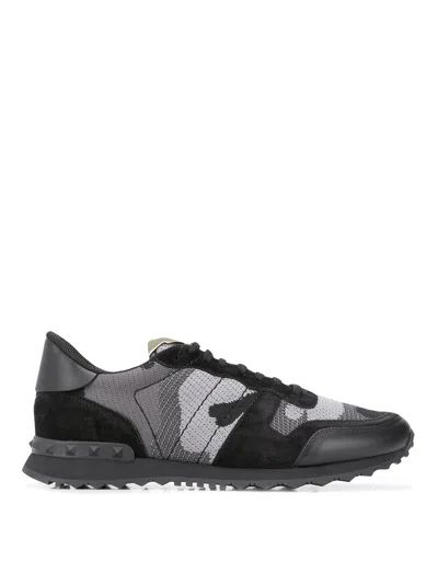 Valentino Garavani Mans Rockrunner Camouflage Noir Leather And Fabric Sneakers In Black