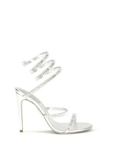 René Caovilla Metallic Leather Strass Snake Ankle Wrap Sandals In Silver