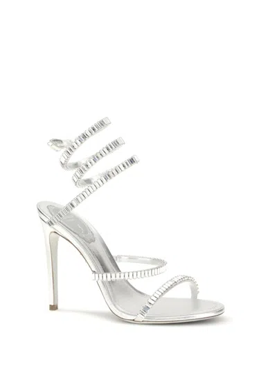 René Caovilla Metallic Leather Strass Snake Ankle Wrap Sandals In Silver