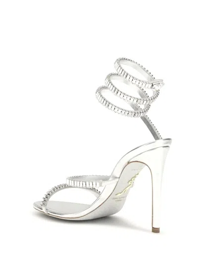 René Caovilla Metallic Leather Strass Snake Ankle Wrap Sandals In Silver