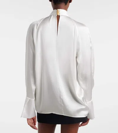 Balmain High Neck Long Sleeve Silk Blend Top In White