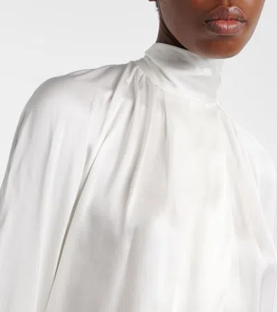 Balmain High Neck Long Sleeve Silk Blend Top In White