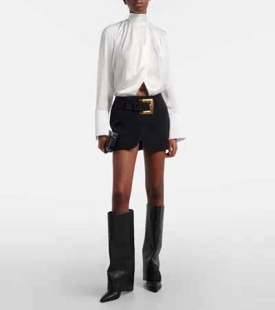 Balmain High Neck Long Sleeve Silk Blend Top In White