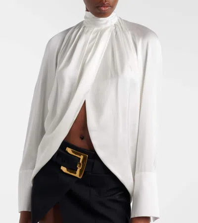 Balmain High Neck Long Sleeve Silk Blend Top In White