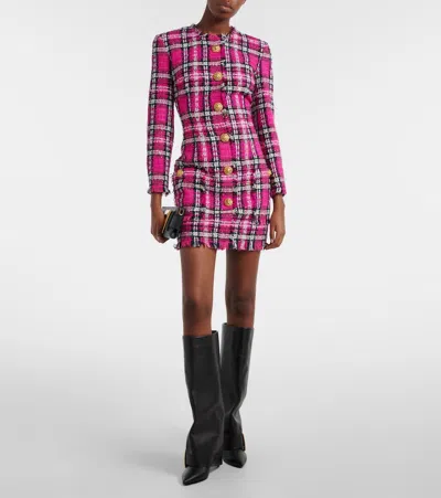 Balmain Plaid Cotton And Wool-blend Minidress In Pink