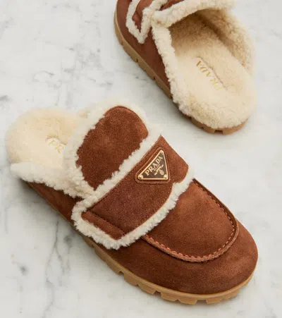 Prada Shearling-lined Suede Mules In Brown