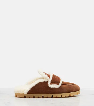 Prada Shearling-lined Suede Mules In Brown