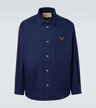 Valentino Cotton Gabardine Shirt Jacket With Vgold In Blue