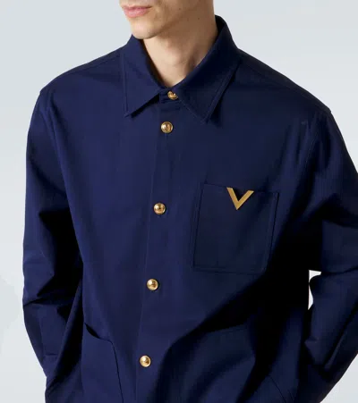 Valentino Cotton Gabardine Shirt Jacket With Vgold In Blue