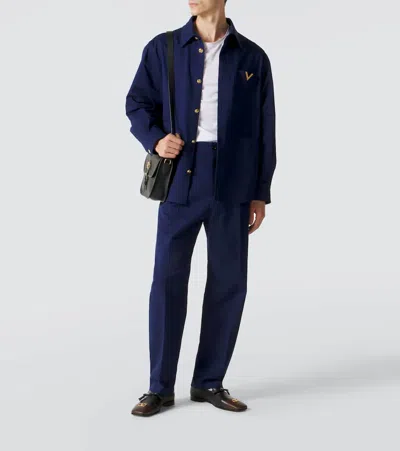 Valentino Cotton Gabardine Shirt Jacket With Vgold In Blue