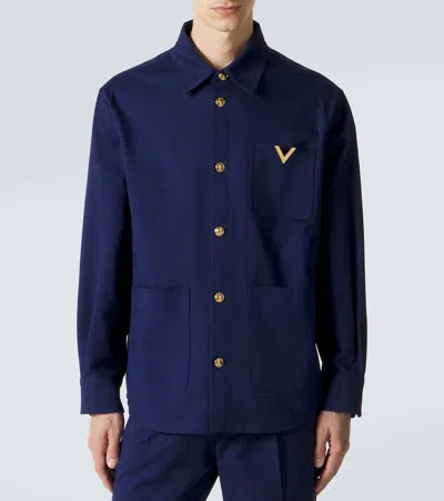 Valentino Cotton Gabardine Shirt Jacket With Vgold In Blue