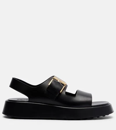 Tod's Leather Sandals With Double Strap And Maxi Buckle In Black