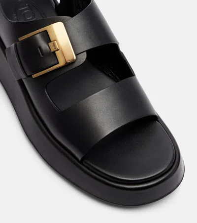 Tod's Leather Sandals With Double Strap And Maxi Buckle In Black