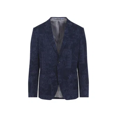 Etro Men Single-breasted Jacquard Cotton Jacket With Floral Pattern In Blue