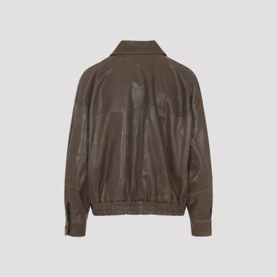 Brunello Cucinelli Leather Bomber Jacket Point Collar Hem In Brown