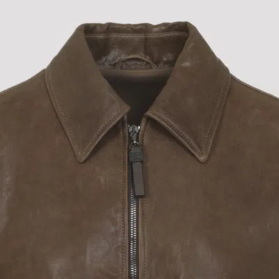 Brunello Cucinelli Leather Bomber Jacket Point Collar Hem In Brown