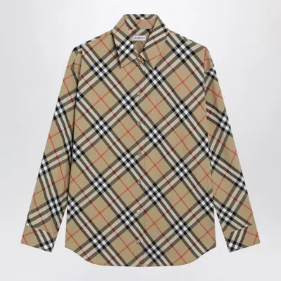 Burberry Women Beige Shirt With Classic Collar And All-over Check Motif In Cotton Woman In Brown