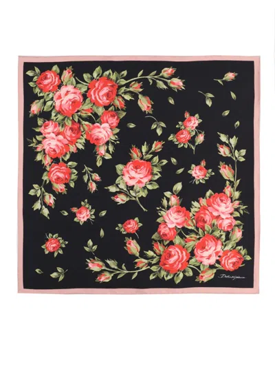 Dolce & Gabbana 90x90 Cm Silk Twill Scarf With A Rose Bouquet Print In Animal Print