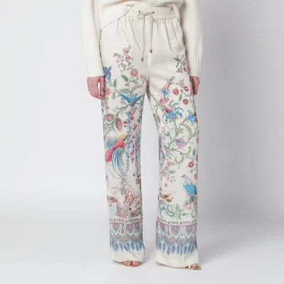 Etro Women White Pants With Elastic Drawstring Waist And All-over Floral Print In Tech Fabric Woman In Multi