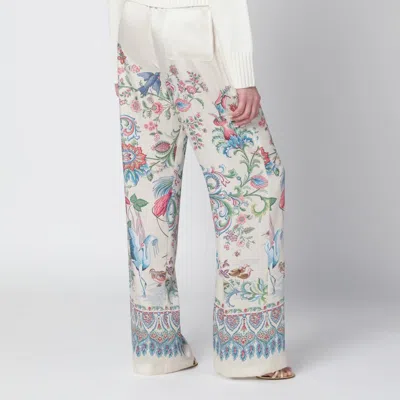 Etro Women White Pants With Elastic Drawstring Waist And All-over Floral Print In Tech Fabric Woman In Multi