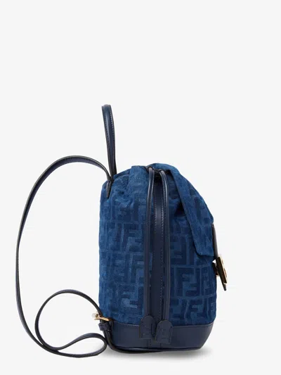 Fendi Women Denim Backpack With Flocked Ff Detail In Blue