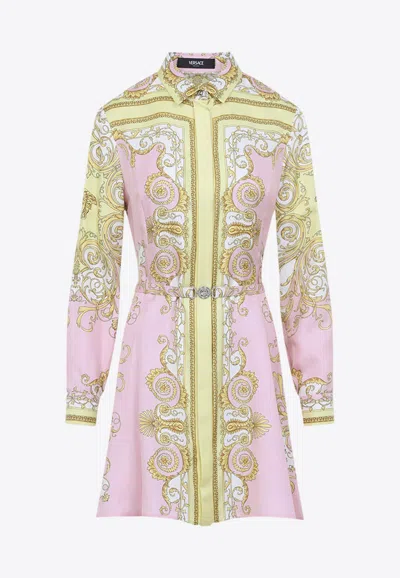 Versace Multicolor Long-sleeved Shirt With Pointed Collar And All-over Baroque Print In Silk For Women