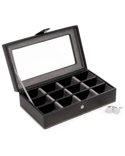 Bey-berk Black Leather Rectangular Window 12 Cufflink Box In Black