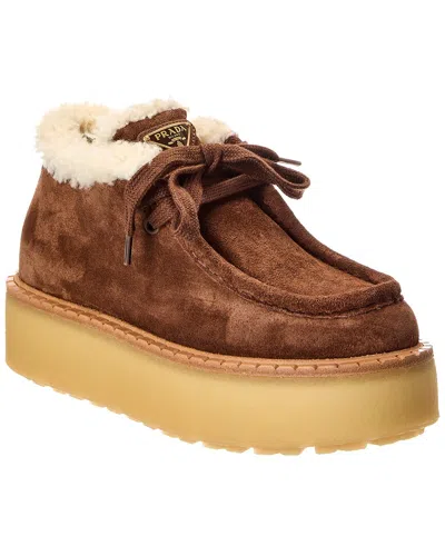 Prada Suede Chukka Boots With Shearling Lining And Rubber Flatform Sole In Brown