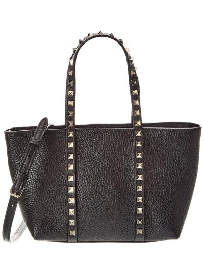 Valentino Rockstud Mini Tote In Hammered Leather In Black