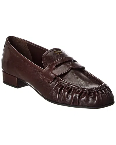 Prada Brown Ruched Loafers With Logo In Brown