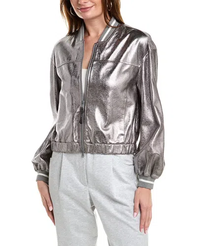 Brunello Cucinelli Laminated Leather Bomber Jacket Puffer Jackets Silver In Silver