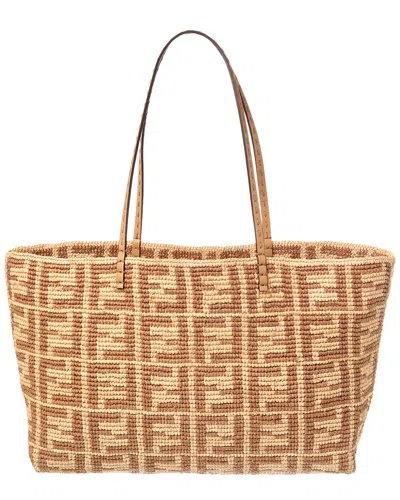 Fendi Roll Large Ff Raffia Tote In Brown