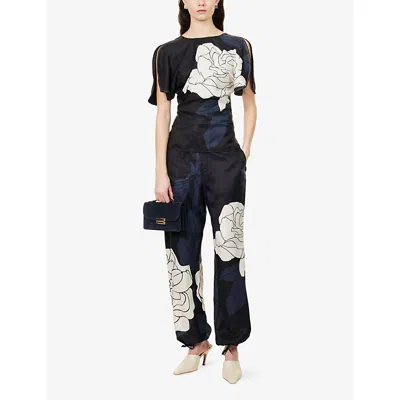 Victoria Beckham Womens Dark Navy Pale Rose Floral-motif Woven Cargo Trousers In Black
