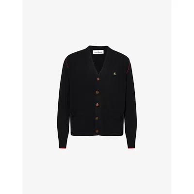 Vivienne Westwood Black V Neck Cardigan With Orb Embroidery In Cotton And Cashmere
