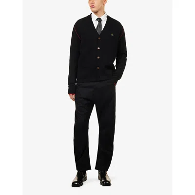 Vivienne Westwood Black V Neck Cardigan With Orb Embroidery In Cotton And Cashmere