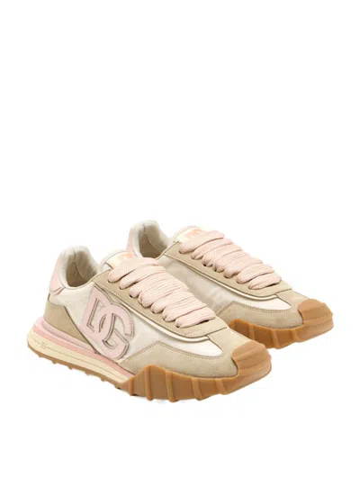 Dolce & Gabbana Dg Athletic Sneakers In Ivory And Pink Fabric And Leather In Multi