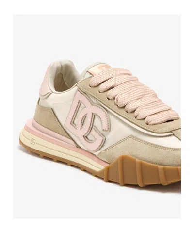 Dolce & Gabbana Dg Athletic Sneakers In Ivory And Pink Fabric And Leather In Multi
