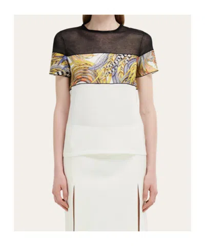 Ferragamo Crewneck T-shirt With Silk Inserts In Multi