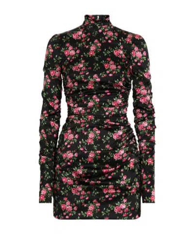 Dolce & Gabbana Black Dress With Floral Print And Side Draping In Silk Woman In Multi