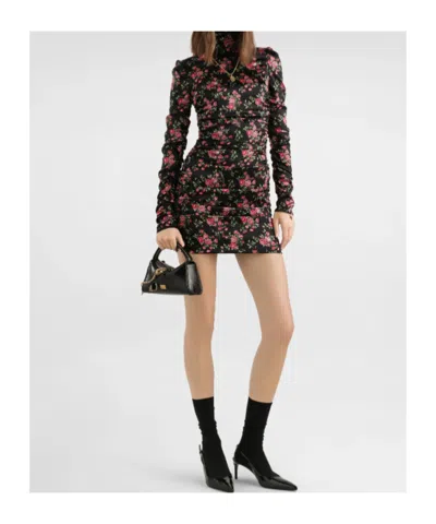 Dolce & Gabbana Black Dress With Floral Print And Side Draping In Silk Woman In Multi