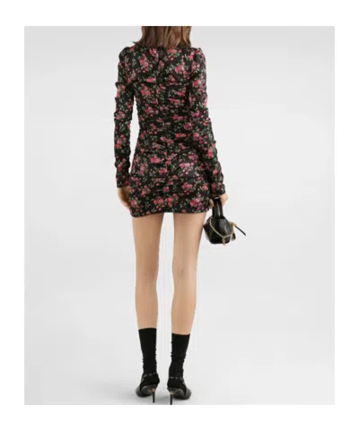 Dolce & Gabbana Black Dress With Floral Print And Side Draping In Silk Woman In Multi