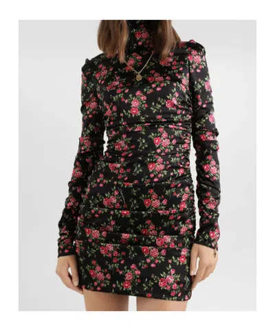 Dolce & Gabbana Black Dress With Floral Print And Side Draping In Silk Woman In Multi