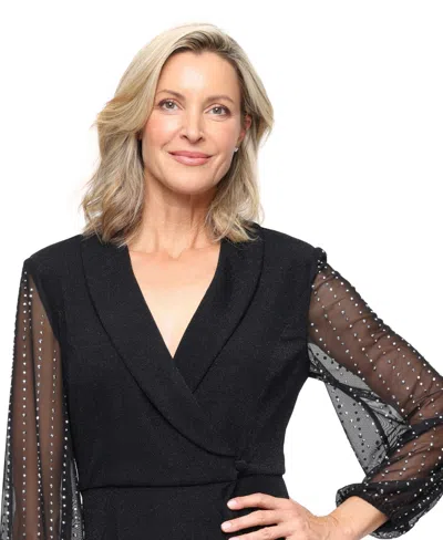 Alex Evenings Women's Long-sleeve Collared Top In Black