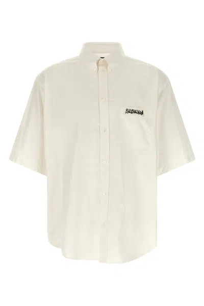 Balenciaga Short Sleeve Silk Blend Button Down Shirt In White