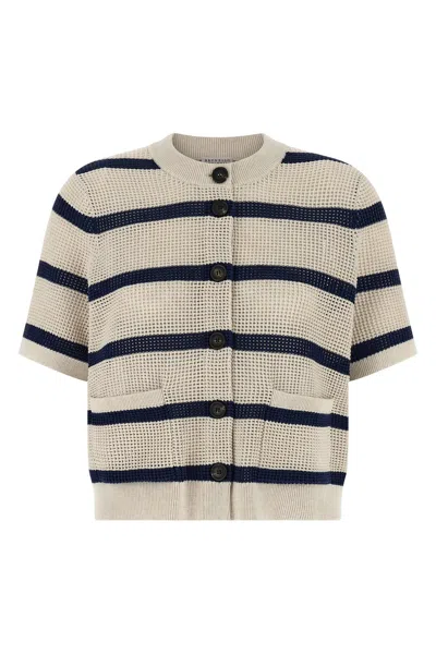 Brunello Cucinelli Striped Mesh Cardigan Short Sleeves Pockets In Neutral