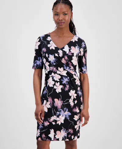 Connected Petite Half-sleeve Sheath Dress In Black