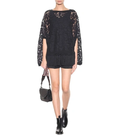 Shop Valentino Cotton-blend Lace Poncho In Black
