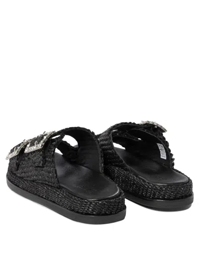 Alibi Greta Crystal Buckle Raffia Sandals In Black