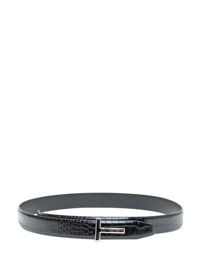 Tom Ford Shiny-effect Crocodile-effect Belt In Black